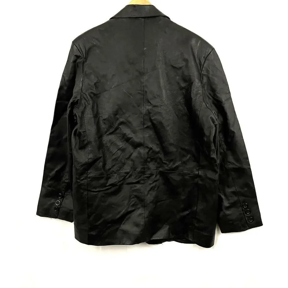 VTG Black Genuine Leather Jacket LARGE Lined Button Collar Lucky Leather Company